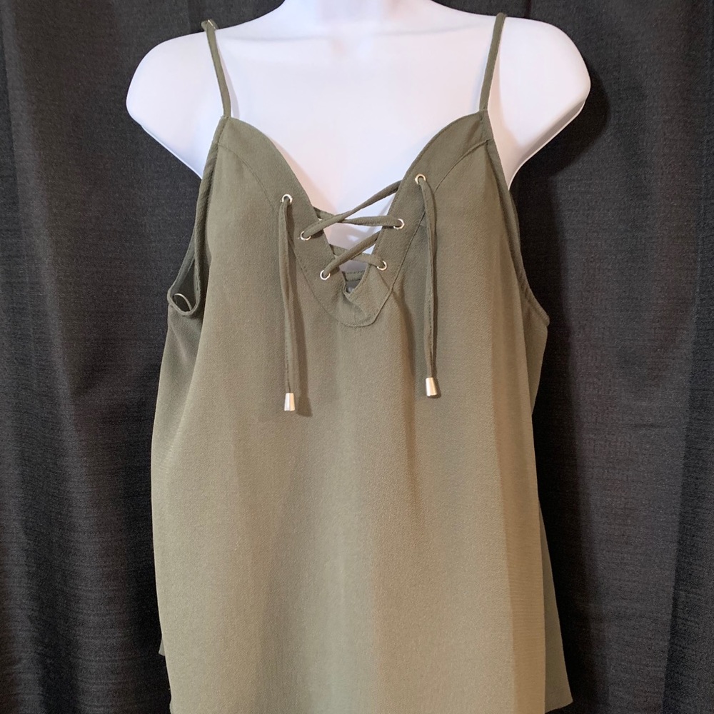 Olive Green Tank with Lace Up Detail